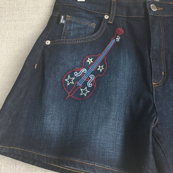 Love Moschino Guitar Embroidered Festival Dark Denim Shorts - Picture 3 of 7